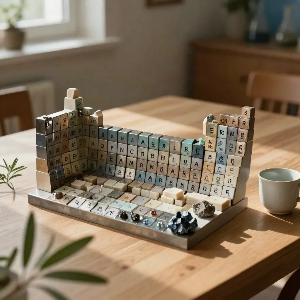 Bloques minerales y metálicos en cuadrícula sobre mesa de roble con planta fina y taza cerámica.