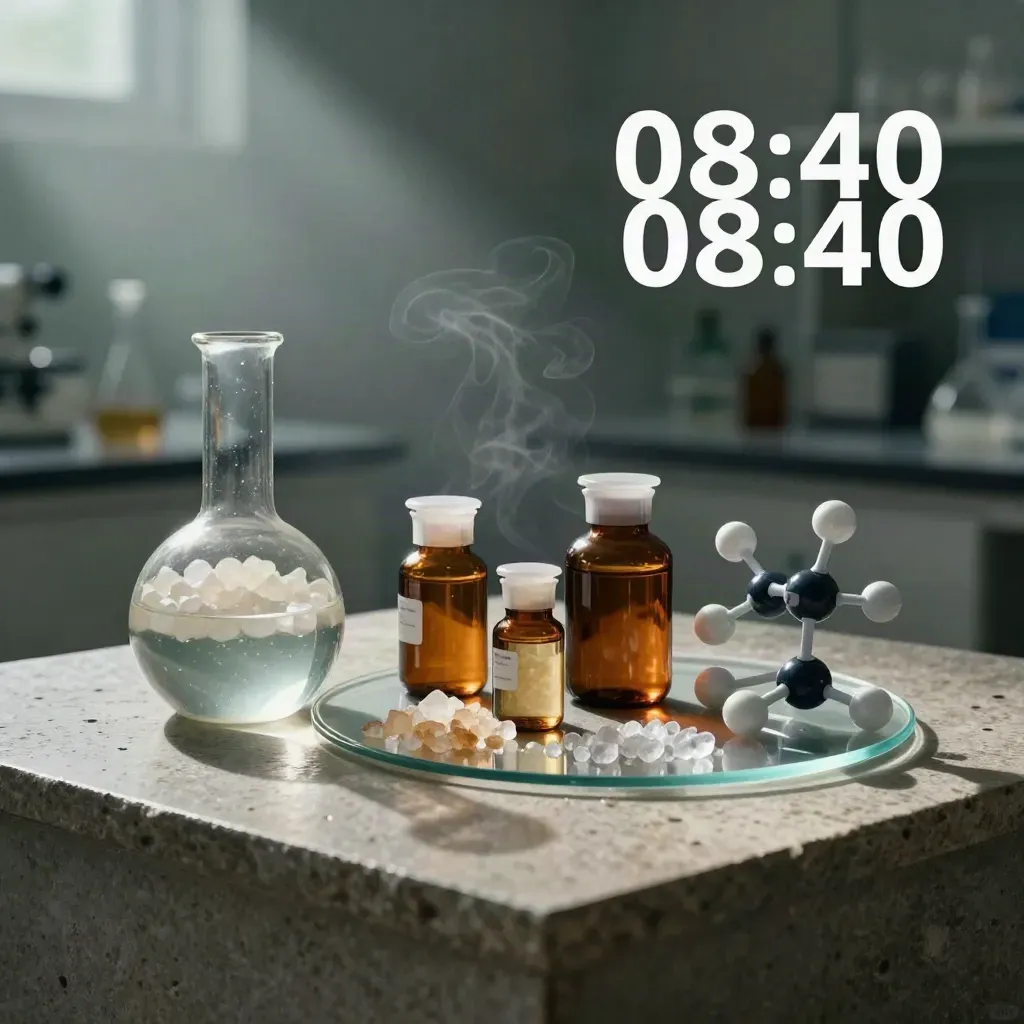 Montaje cinematográfico de laboratorio con matraz, frascos ámbar y modelo molecular sobre piedra húmeda.