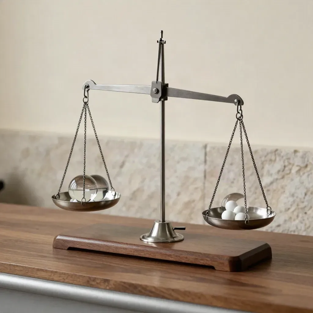 Balanza de laboratorio nivelándose con pesas y esferas de vidrio sobre banco de madera.