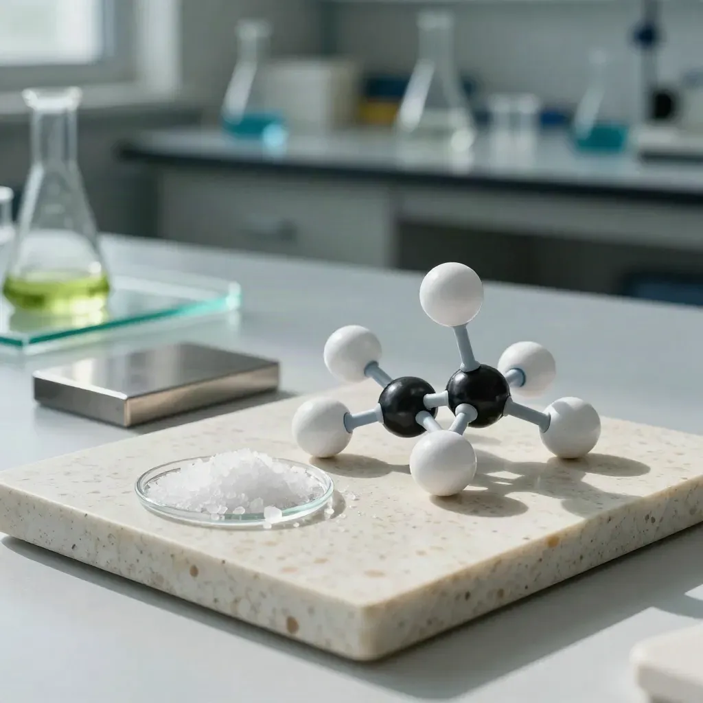 Modelo molecular, sal cristalina y piezas metálica y cerámica sobre travertino en un laboratorio.