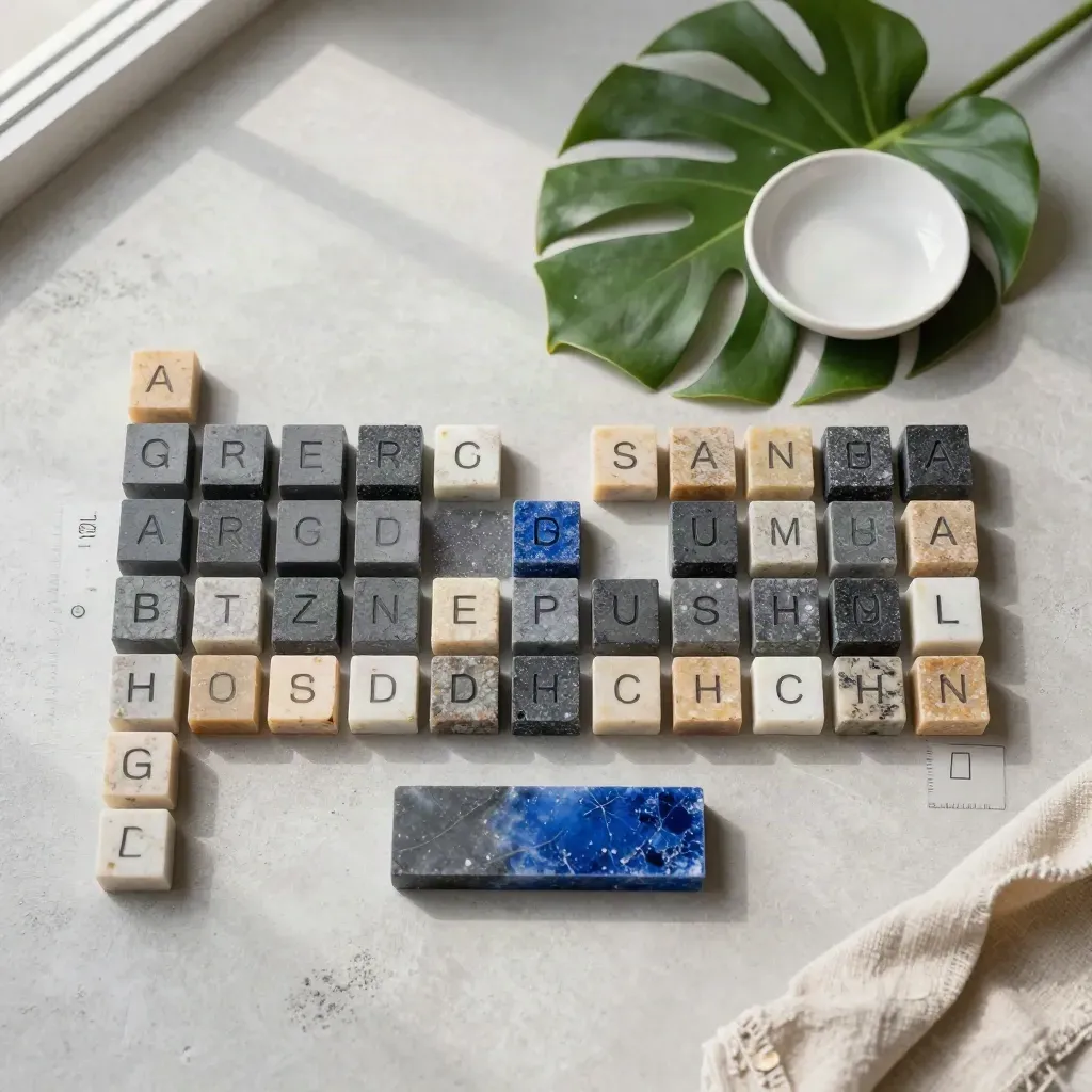 Bloques minerales en cuadrícula, hoja de monstera y plato cerámico sobre piedra clara.