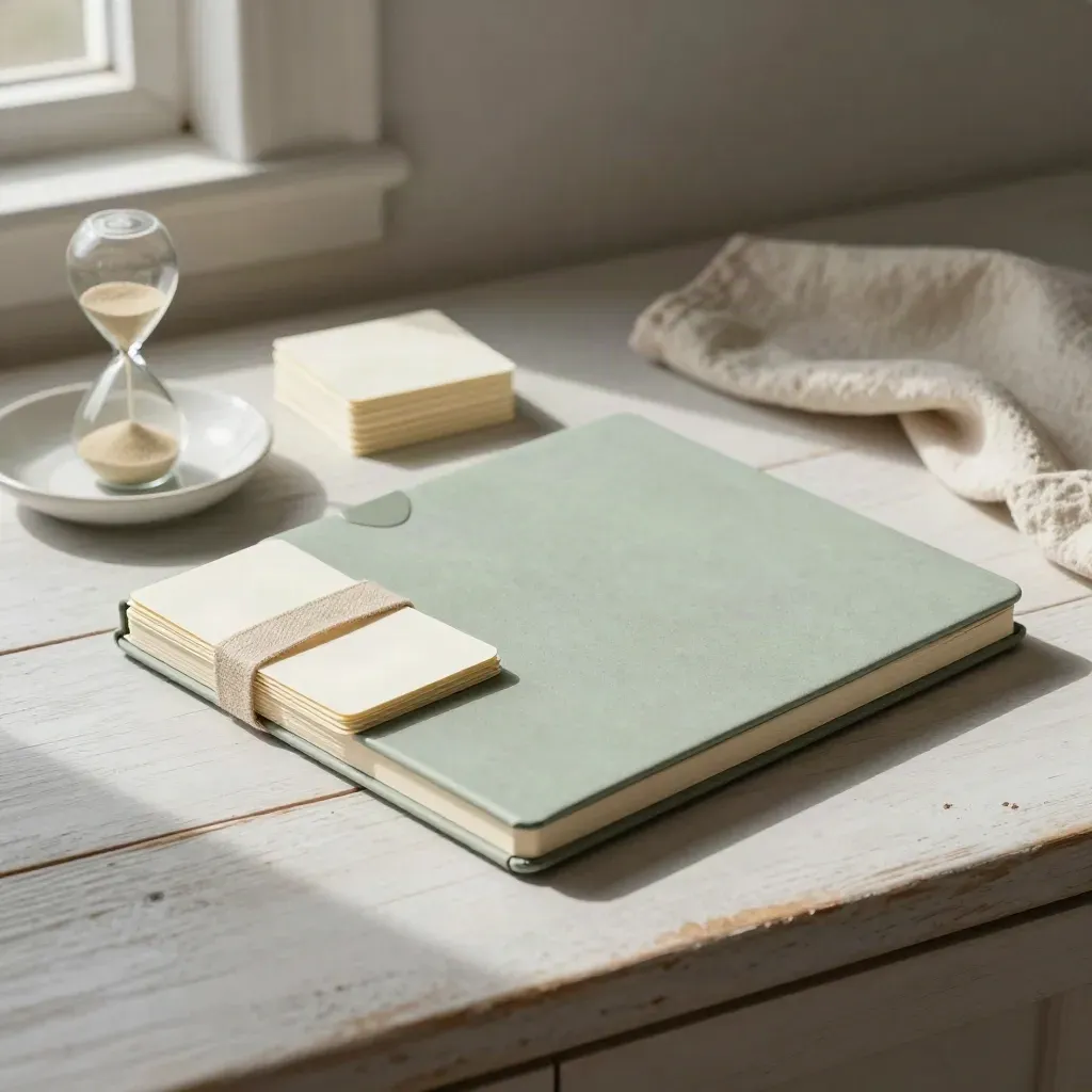Cuaderno de química con tarjetas de repaso y reloj de arena sobre madera clara.